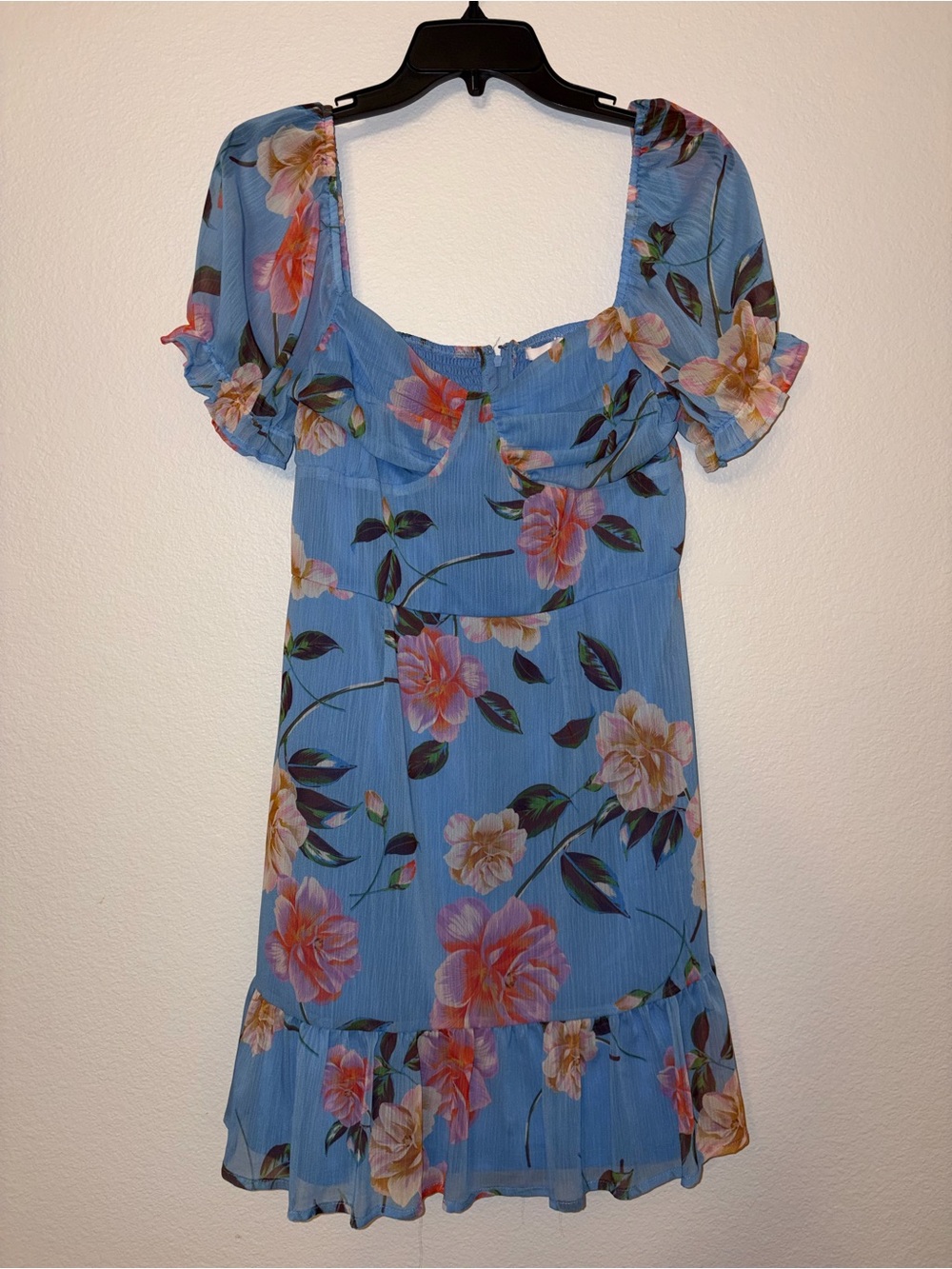 NWT GB Blue Floral Mini Dress Size Large Cottagecore Puff Sleeve Wedding Guest